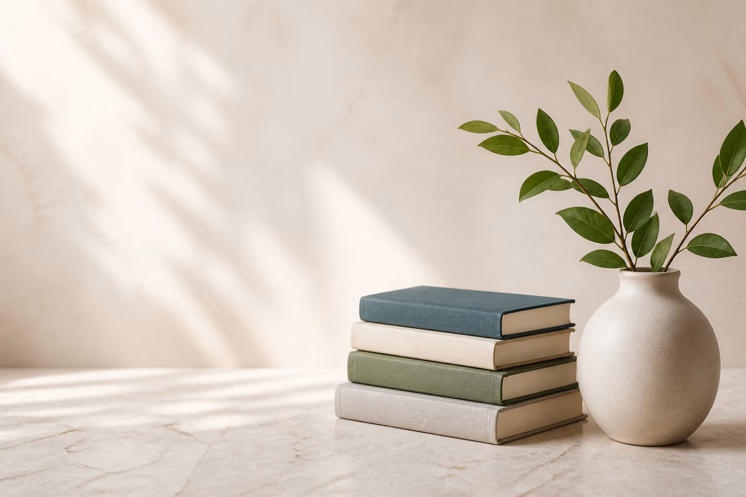 Boekenstapel met vaas en groene takken, het actuele campagnebeeld van LumiScore